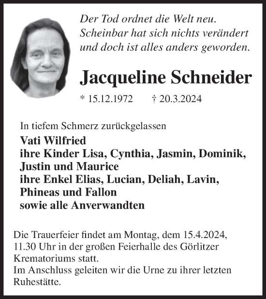 Traueranzeige von Jacqueline Schneider von WochenKurier