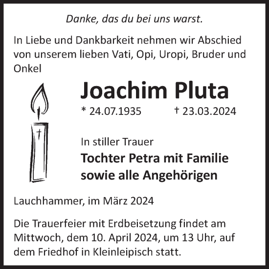 Traueranzeige von Joachim Pluta von WochenKurier