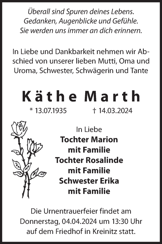 Traueranzeige von Käthe Marth von WochenKurier