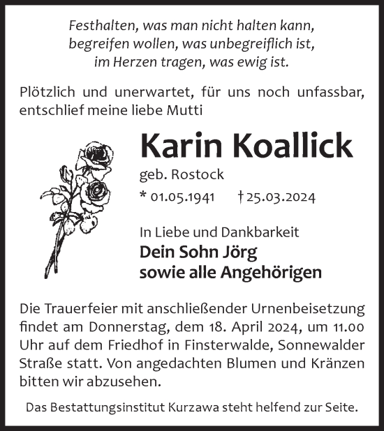 Traueranzeige von Karin Koallick von WochenKurier