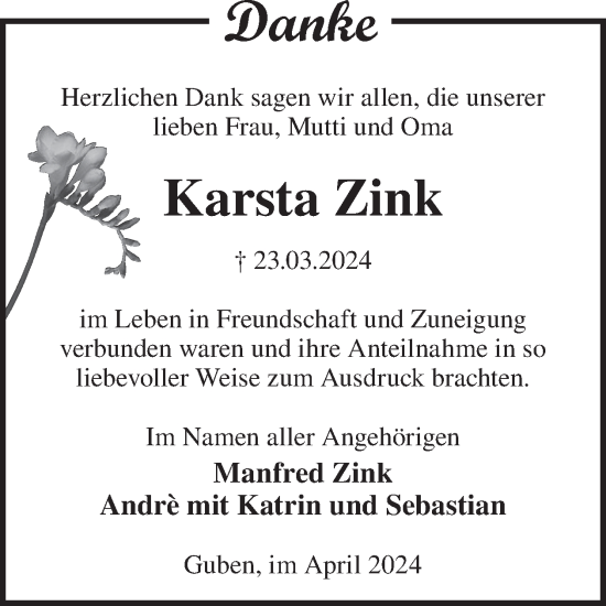 Traueranzeige von Karsta Zink von WochenKurier