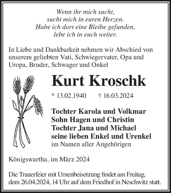 Traueranzeige von Kurt Kroschk von WochenKurier