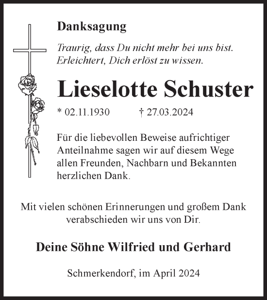 Traueranzeige von Lieselotte Schuster von WochenKurier