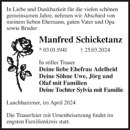 Traueranzeige von Manfred Schicketanz von WochenKurier