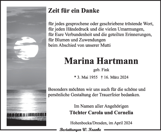 Traueranzeige von Marina Hartmann von WochenKurier