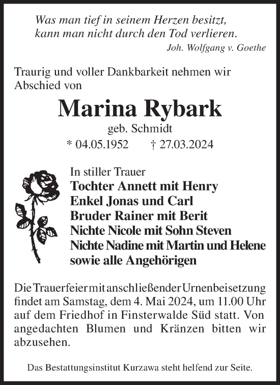 Traueranzeige von Marina Rybark von WochenKurier