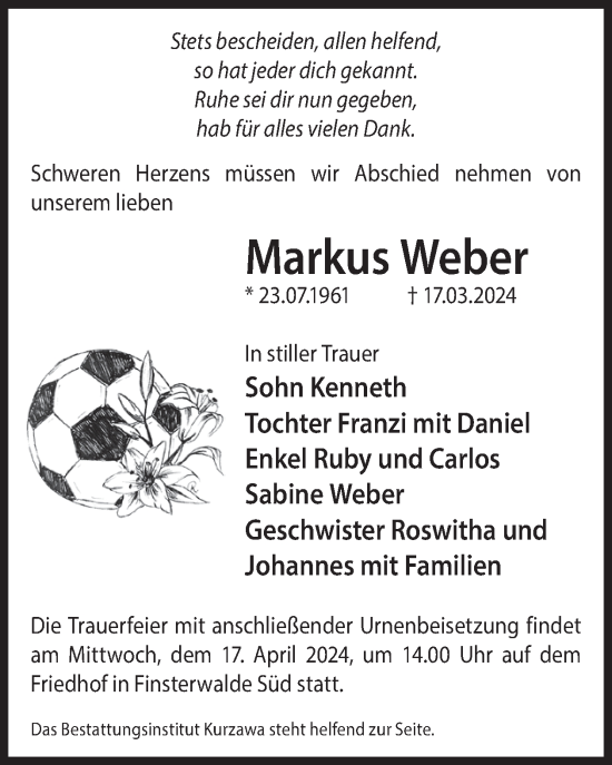 Traueranzeige von Markus Weber von WochenKurier