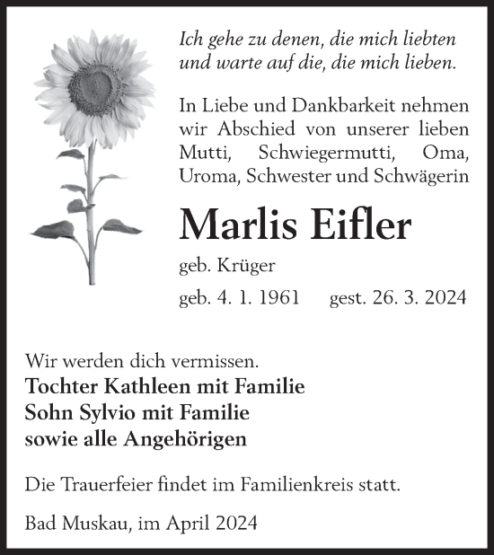 Traueranzeige von Marlis Eifler von WochenKurier