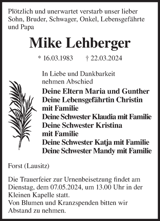 Traueranzeige von Mike Lehberger von WochenKurier