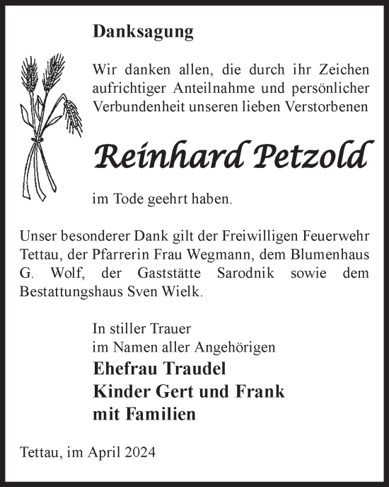 Traueranzeige von Reinhard Petzold von WochenKurier