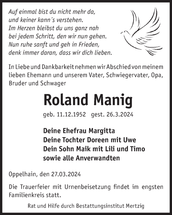 Traueranzeige von Roland Manig von WochenKurier