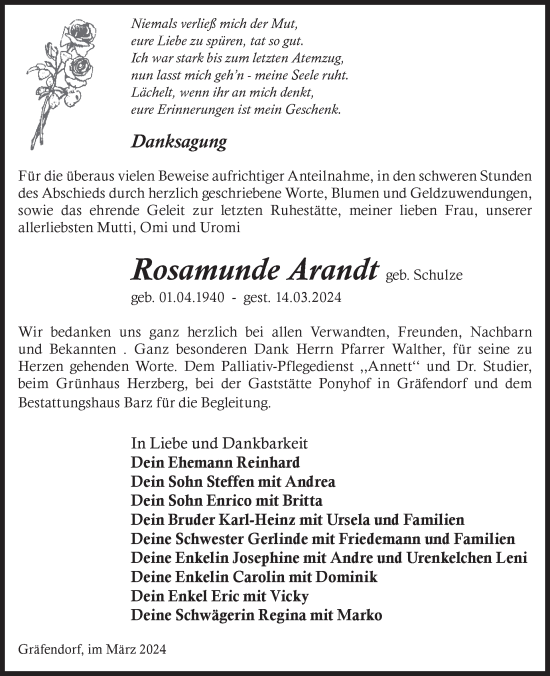 Traueranzeige von Rosamunde Arandt von WochenKurier