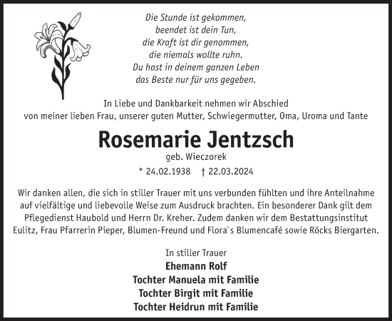 Traueranzeige von Rosemarie Jentzsch von WochenKurier