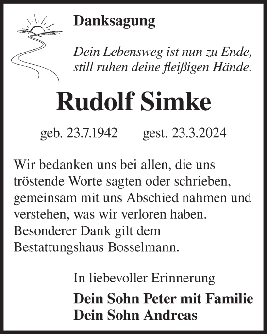 Traueranzeige von Rudolf Simke von WochenKurier