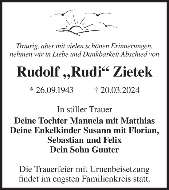 Traueranzeige von Rudolf Zietek von WochenKurier