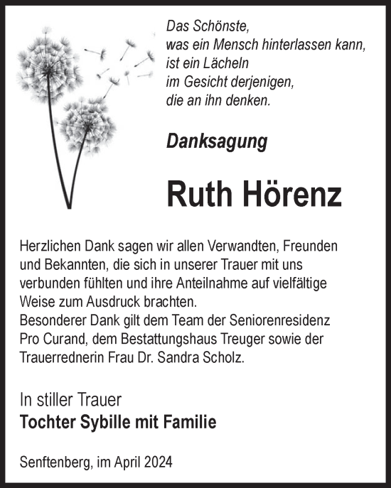 Traueranzeige von Ruth Hörenz von WochenKurier