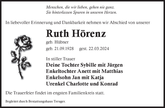 Traueranzeige von Ruth Hörenz von WochenKurier