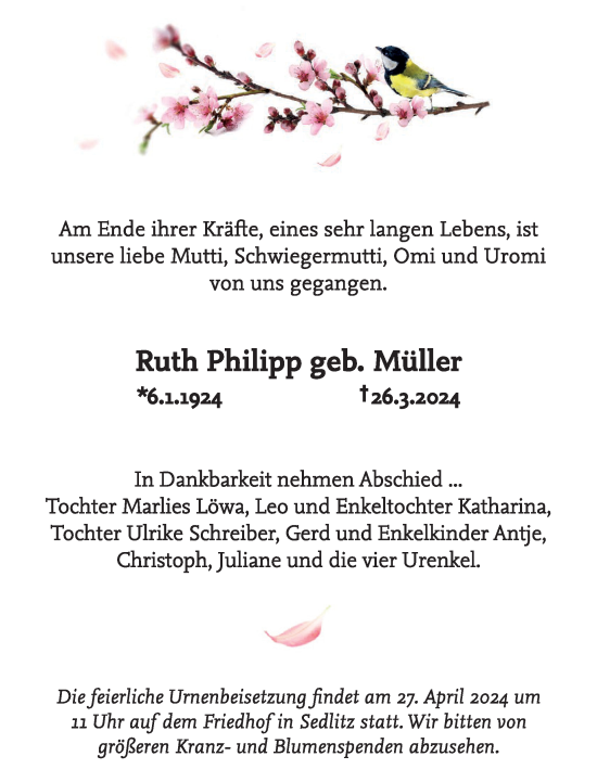 Traueranzeige von Ruth Philipp von WochenKurier