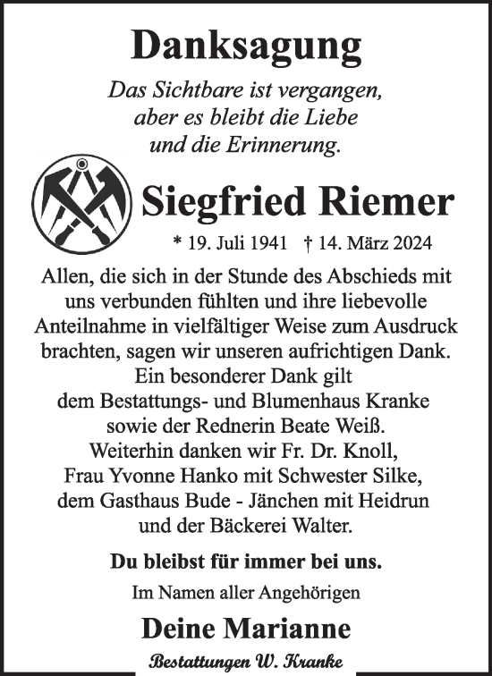 Traueranzeige von Siegfried Riemer von WochenKurier