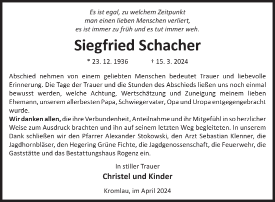 Traueranzeige von Siegfried Schacher von WochenKurier