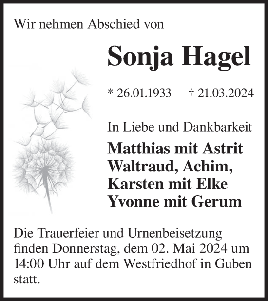 Traueranzeige von Sonja Hagel von WochenKurier