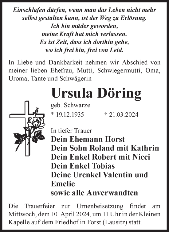 Traueranzeige von Ursula Döring von WochenKurier