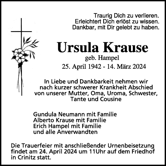 Traueranzeige von Ursula Krause von WochenKurier