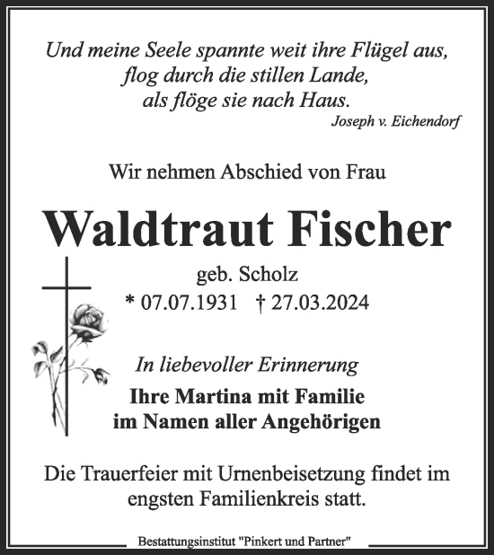 Traueranzeige von Waldtraut Fischer von WochenKurier