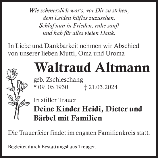 Traueranzeige von Waltraud Altmann von WochenKurier