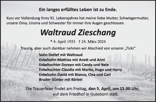 Traueranzeige von Waltraud Zieschang von WochenKurier