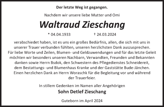 Traueranzeige von Waltraud Zieschang von WochenKurier