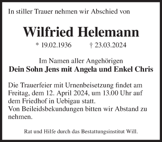 Traueranzeige von Wilfried Helemann von WochenKurier