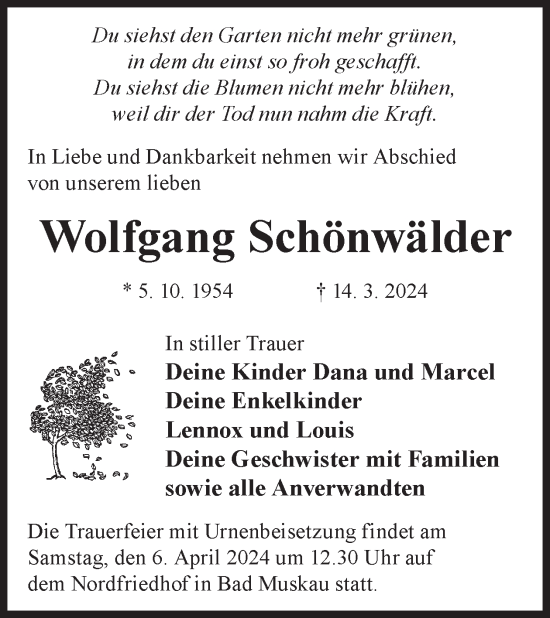 Traueranzeige von Wolfgang Schönwälder von WochenKurier