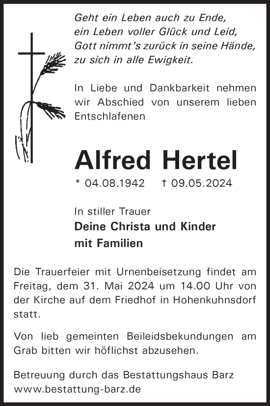 Traueranzeige von Alfred Hertel von WochenKurier