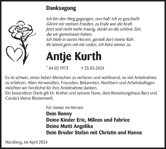 Traueranzeige von Antje Kurth von WochenKurier