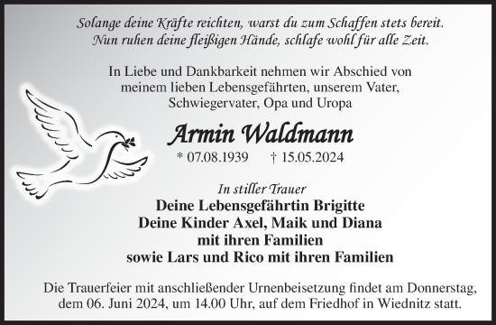 Traueranzeige von Armin Waldmann von WochenKurier