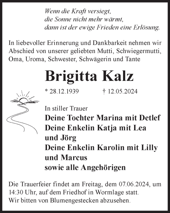 Traueranzeige von Brigitta Kalz von WochenKurier