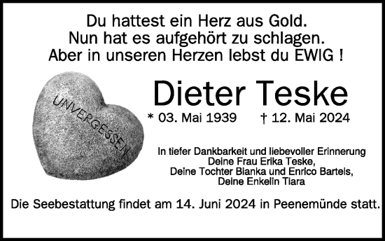 Traueranzeige von Dieter Teske von WochenKurier