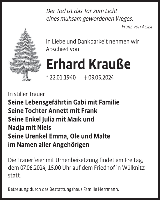 Traueranzeige von Erhard Krauße von WochenKurier