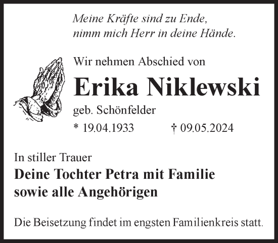 Traueranzeige von Erika Niklewski von WochenKurier