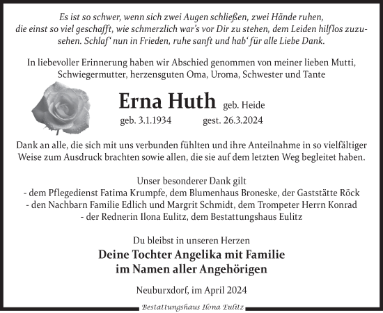 Traueranzeige von Erna Huth von WochenKurier