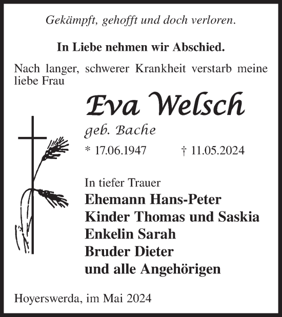 Traueranzeige von Eva Welsch von WochenKurier