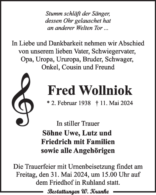 Traueranzeige von Fred Wollniok von WochenKurier