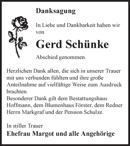 Traueranzeige von Gerd Schünke von WochenKurier