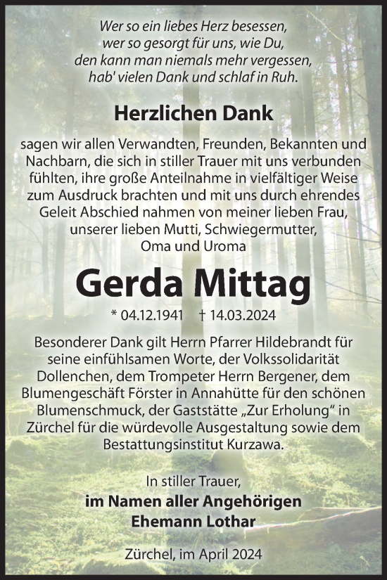 Traueranzeige von Gerda Mittag von WochenKurier