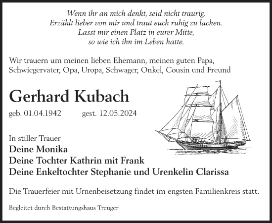 Traueranzeige von Gerhard Kubach von WochenKurier