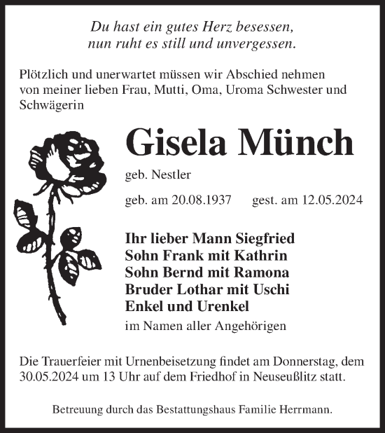 Traueranzeige von Gisela Münch von WochenKurier