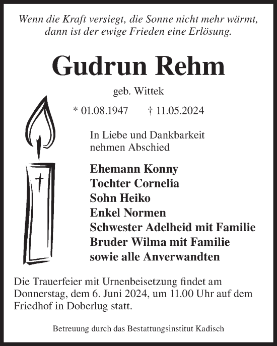 Traueranzeige von Gudrun Rehm von WochenKurier