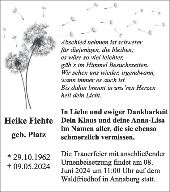 Traueranzeige von Heike Fichte von WochenKurier