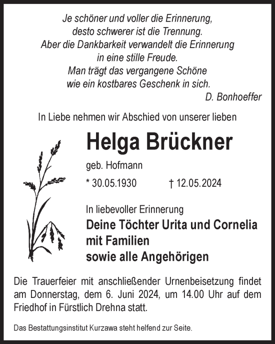 Traueranzeige von Helga Brückner von WochenKurier